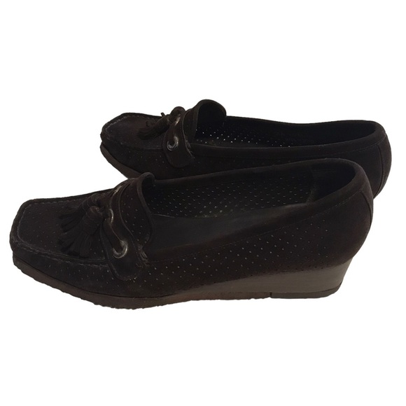 Stuart Weitzman Chocolate Brown Suede Platform Wedge Loafers Size 7 - Picture 1 of 10